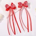 Pair of double-layer red satin bow hair clips with long streamers for girls - Red and White Checkered (2A-12)