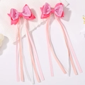 Pink double-layered ribbon bow hair clips with long streamers for girls, two-piece set - Pink White Plaid (2A-13)