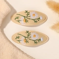 Pinces à cheveux ovales en tissu avec broderies marguerites en coton beige pour filles - Lot de 2 / Beige Clair