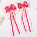 Double-layered red and pink ribbon bow hair clips with long tassels for girls - Red Pink Plaid (2A-14)