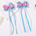 Double-layer satin ribbon hair clips for girls in blue and pink checkered pattern - Blue Pink Plaid (2A-7)