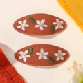 Paire de barrettes ovales en tissu marron avec broderie florale pour filles - Lot de 2 / Marron