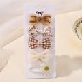 5-piece girl hair clip set with brown plaid bows and daisy embroidery on display card - Warm Brown Floral Bow Collection (5G)