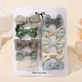 10-piece cute kids hair clip set with floral patterns and lace bows on display card - Pastel Green Gray Bow Collection (10B)