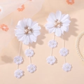 Pair of white fabric flower hair clips with long tassels and artificial pearls for girls - White (2A-4)