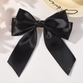 Elegant black satin bow hair clip for girls with a silky finish and classic double layer - Black
