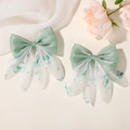 Pair of mint green gradient mesh bow hair clips with floral print and rhinestones - Mint Green