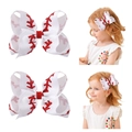 Baseball bow hair clip for girls featuring white ribbed ribbon and red glitter stitching - White