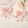 Pair of pink mesh bow hair clips with flower prints and shiny rhinestone accents - Deep Pink