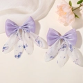 Set of two purple satin and white floral organza bow hair clips with rhinestones - Purple