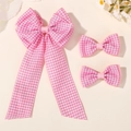 Set di fiocchi per capelli a quadretti rosa e bianchi con lunghi nastri dolci - Gingham Rosa (3C)