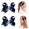 Dark blue grosgrain ribbon bow hair clip with white patterns and silver sequin center - Navy Blue