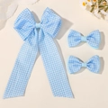 Blue plaid ribbon bow hair clip set with long streamers in cute academy style - Light Blue (3 Pack)
