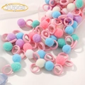Set of 30 cute colorful pom pom hair ties with pink elastic bands for women and girls - Multicolor Macaron Mix (30E)
