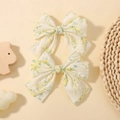 Coppia di fiocchi per capelli floreali con stampa gialla e eleganti bordi cuciti argento - Floreale Giallo e Verde (2A-4)