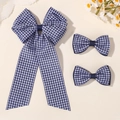 Set di 3 fiocchi per capelli a quadretti blu scuro con nastro lungo per bambine - Gingham Blu Marino (3E)