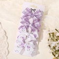 Set di 4 fermagli per capelli con fiocchi in tessuto viola e bianco, quadretti e fiori - Stile Floreale a Quadretti Viola (4D)