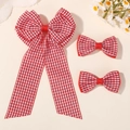 Set di fermagli per capelli a quadretti rossi per bambine con fiocchi e nastri lunghi - Gingham Rosso (3B)