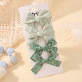 Set of four fabric bow hair clips in green gingham and dark green floral patterns - Green Checkered Tulip Style (4G)