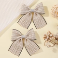 Fermagli per capelli in tweed retrò francese con perle eleganti e bordi cuciti neri - Stile a Quadri Beige (1)