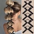 Set of 5 black satin ribbon bow hair ties for girls featured in a multi-segment ponytail - Black