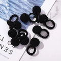 Set of six black elastic hair ties with fluffy faux fur double pom-poms for women - Deep Black Double Pom (10A-22)