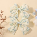 Paio di fiocchi per capelli color crema con motivo floreale blu e cucitura - Bianco Crema Blu Chiaro Floreale