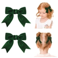 Pair of dark green velvet bow hair clips for kids, showing texture and on-model usage - Dark Green (2A-71)