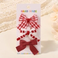 Lot de trois pinces à cheveux fait main pour enfants avec carreaux rouges et dentelle fine - Style Satin Dentelle Blanche Plaid Rouge