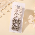 Set of 4 handmade floral and plaid bow hair clips for girls on display card - Brown Bow Print Polka Dot Plaid Combo Style (5217-4B)