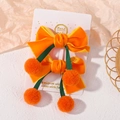 Paire de barrettes à nœuds en velours orange avec rubans verts et pompons pour filles - Style Nœud Cerise / Orange (2A-82)