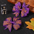 Purple Halloween hair bow set with orange Happy Halloween text and spider web pattern - Purple Orange HAPPY Letter Style (2A-6)