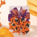 Halloween purple and orange bow hair clips set with Happy Halloween text and spider web patterns - Purple Orange HAPPY Spider Web Style (2C)