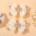 Fiocchi per capelli color crema con cuori glitterati colorati per bambine - Bianco Crema (2A-21)