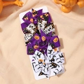 Halloween ribbon bow hair clips set with pumpkin bat and black cat prints on cards - Purple Black White Halloween 4-Piece Set (4D)