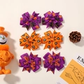 6-piece Halloween hair clip set with pumpkin and bat motifs on purple grosgrain ribbon - Purple Orange Pumpkin Spider 6-Piece Set (6C)