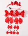 9-piece red bow hair accessory set for girls with headband, clips and ties - Red