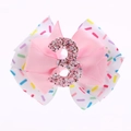 Nœud de cheveux d'anniversaire rose avec chiffre 3 scintillant et motifs colorés - Numéro 3 (Barrette)