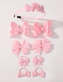 9-piece set of pink children's hair accessories featuring fabric bows and pearls - Pink