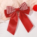 Red satin and houndstooth ribbon hair bow clip with long streamers for girls - Patchwork Houndstooth With Streamers (5244-1)