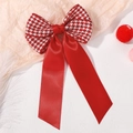 Double-layered red houndstooth bow hair clip with satin ribbon tassels for girls - Large Houndstooth Satin With Streamers (5245-1)