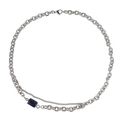 Dubbellaagse zilveren titanium ketting met een rechthoekige blauwe saffier hanger en schakels - Zilveren Halsketting (58cm)
