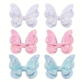 Set di fermagli per capelli a farfalla 3D glitterati in bianco, rosa e blu - 6e (6 Pezzi Per Confezione)