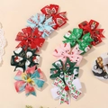 Christmas bow hair clip set featuring festive elk and snowflake patterns on grosgrain ribbon - Cartoon Character Festival Style (10J)