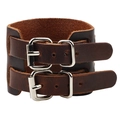 Bracelet punk large en cuir de vachette marron foncé avec doubles boucles argentées - Café