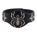 Bracciale punk in pelle nera con grande ragno in metallo argento e ciondoli teschio - Nero & Argento Antico