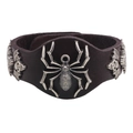 Bracciale largo in pelle stile punk con ragno in metallo argento e teschi alati decoro - Caffè & Argento Antico