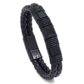 Men's braided black leather bracelet featuring metallic rings and magnetic clasp - Black