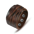 Vintage wide multi-layer braided brown leather punk bracelet for men with silver snap buttons - Dark Brown