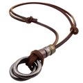 Collier en cuir vintage avec doubles anneaux métalliques et perles gravées colorées - Marron